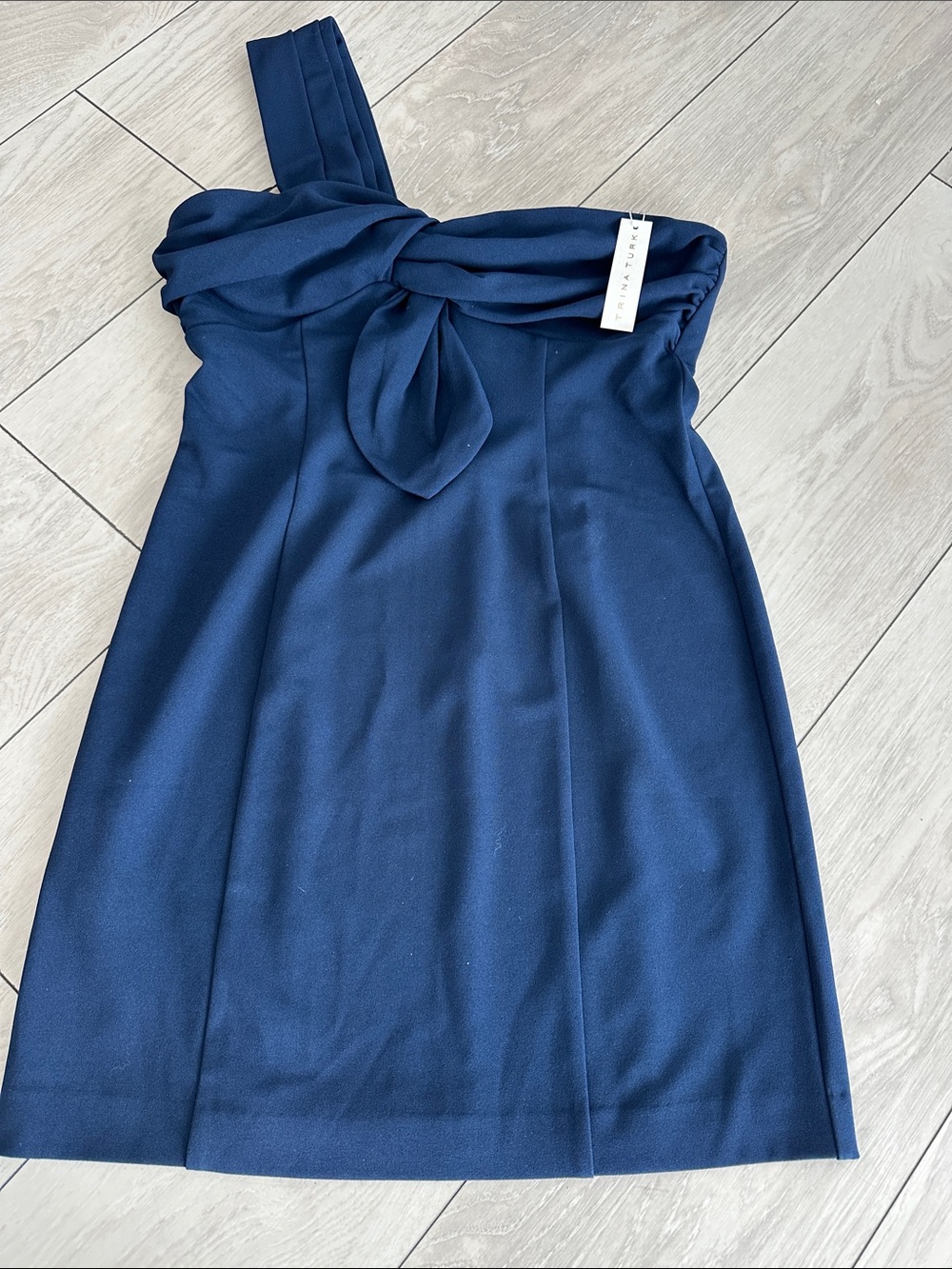Trina Turk Navy Elegant One-Shoulder Dress with Knot Detail